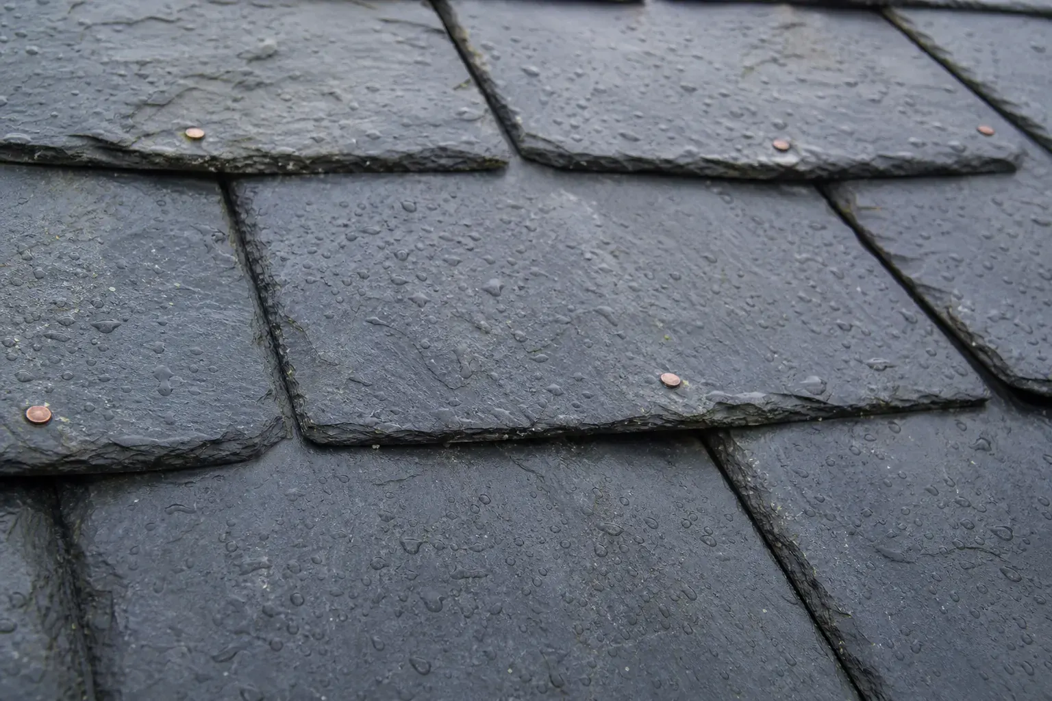 Très gros plan d’ardoises naturelles bleu gris à recouvrement, têtes de clous de cuivre et surface légèrement fendue