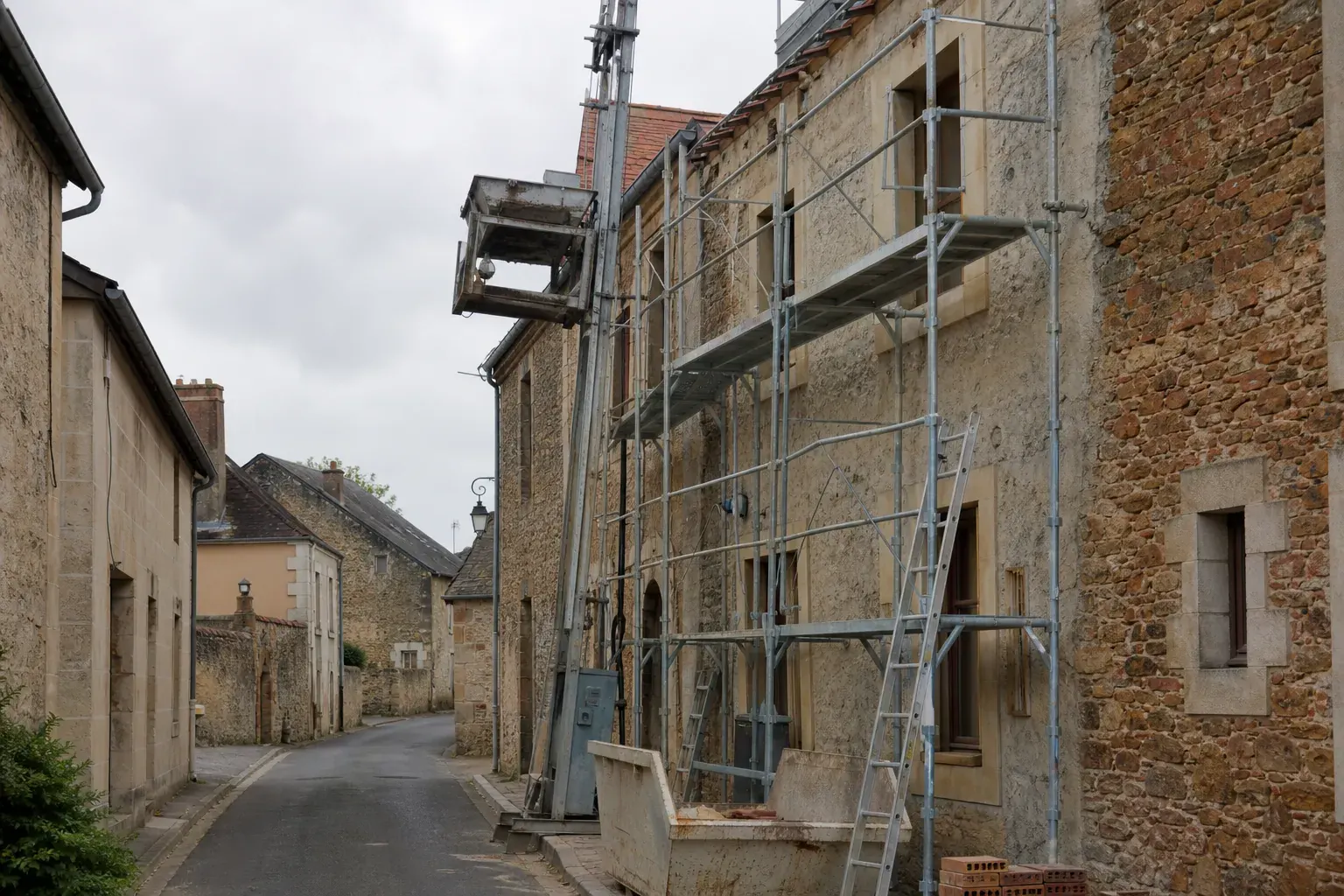 Rue étroite où un chantier de toiture se serre contre la façade : échafaudage, monte-matériaux et benne sur le trottoir