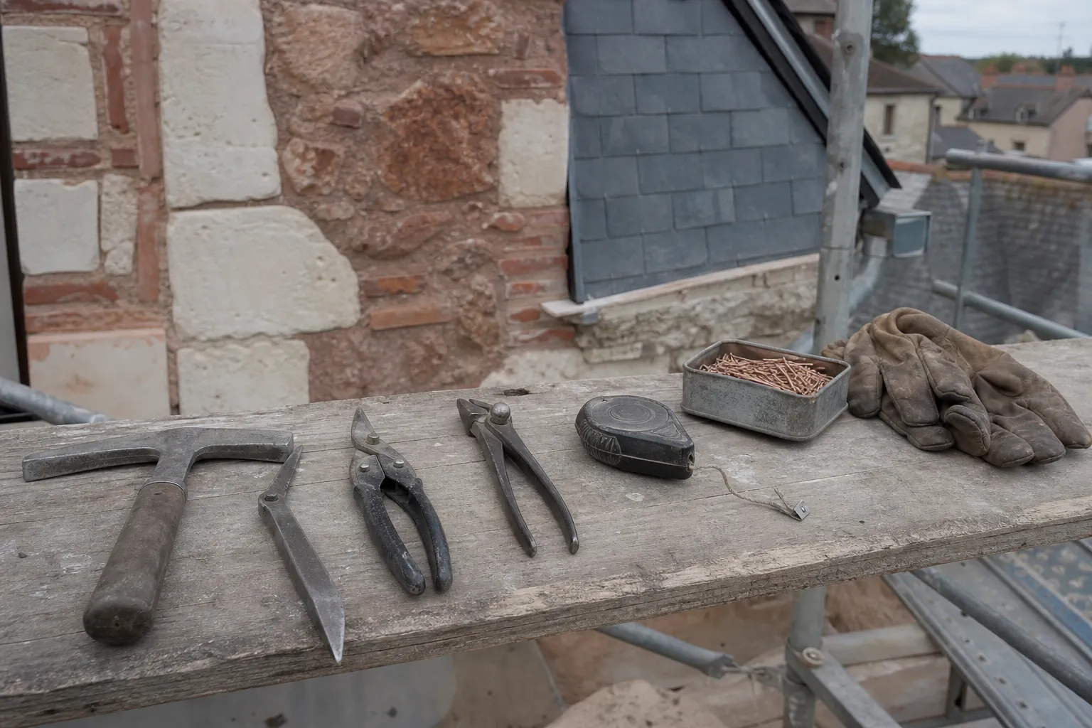 Outils de couvreur posés sur une planche d’échafaudage : marteau et enlève-ardoise, cisaille à zinc, pince à sertir, clous de cuivre
