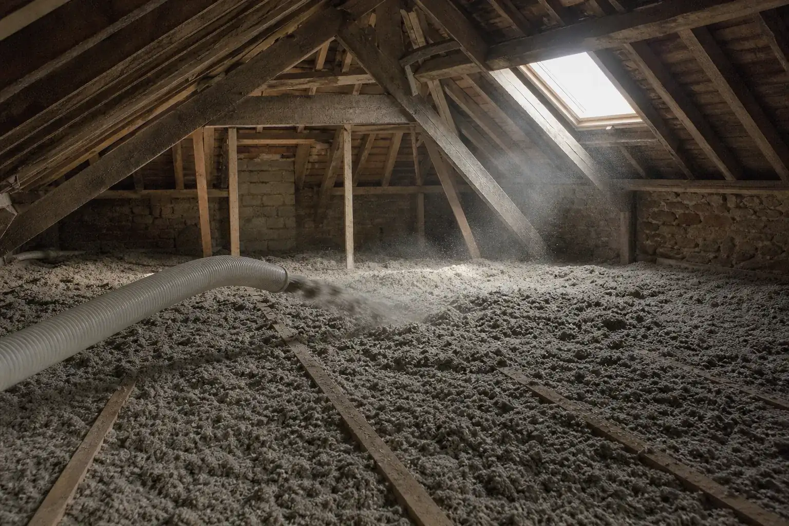 Soufflage d’un matelas régulier de laine minérale entre les chevrons d’un comble, poussière dans un rai de lumière