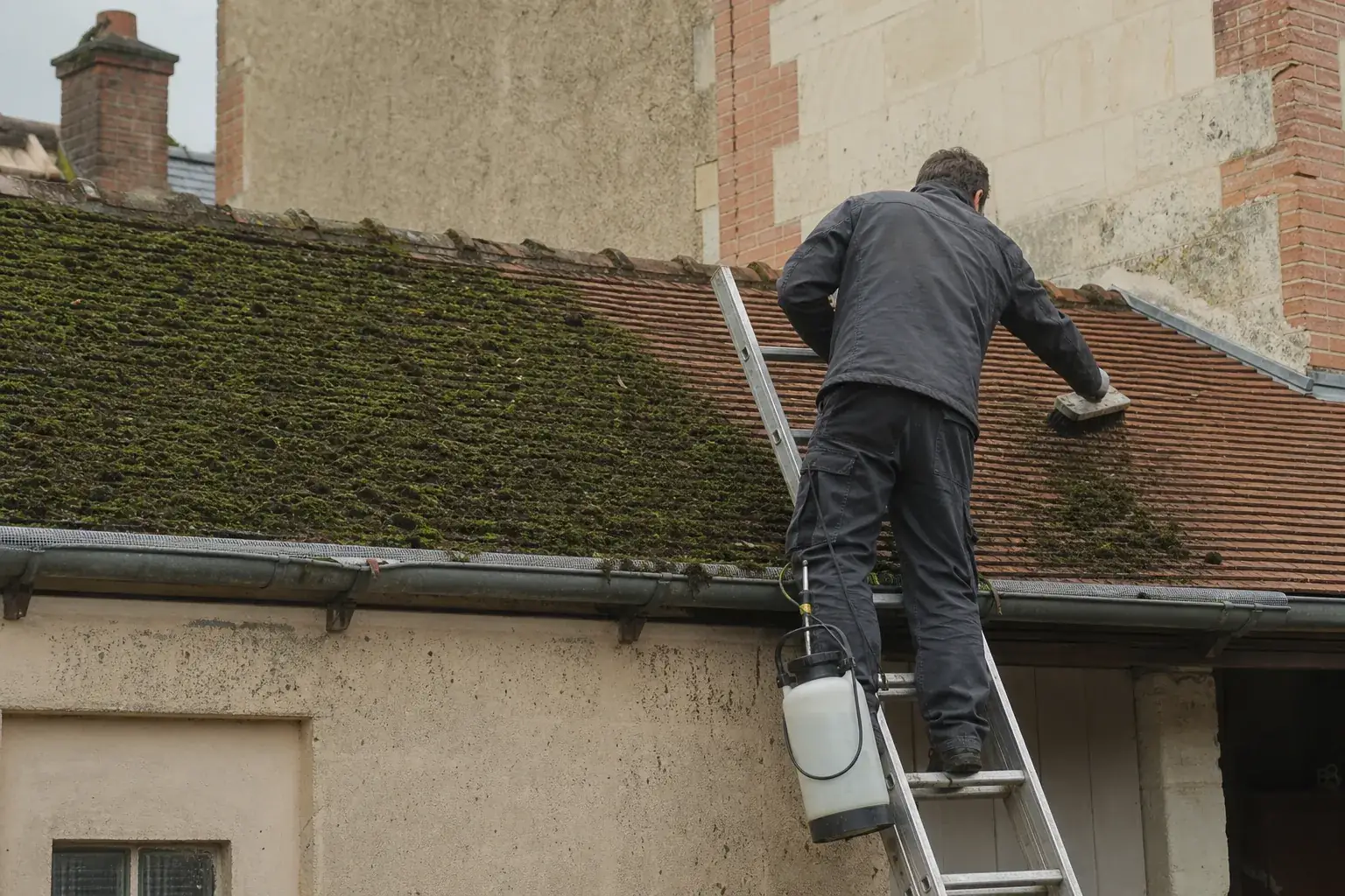 Brossage manuel de la mousse épaisse sur un versant de tuiles plates, moitié encore verte, moitié redevenue terre cuite