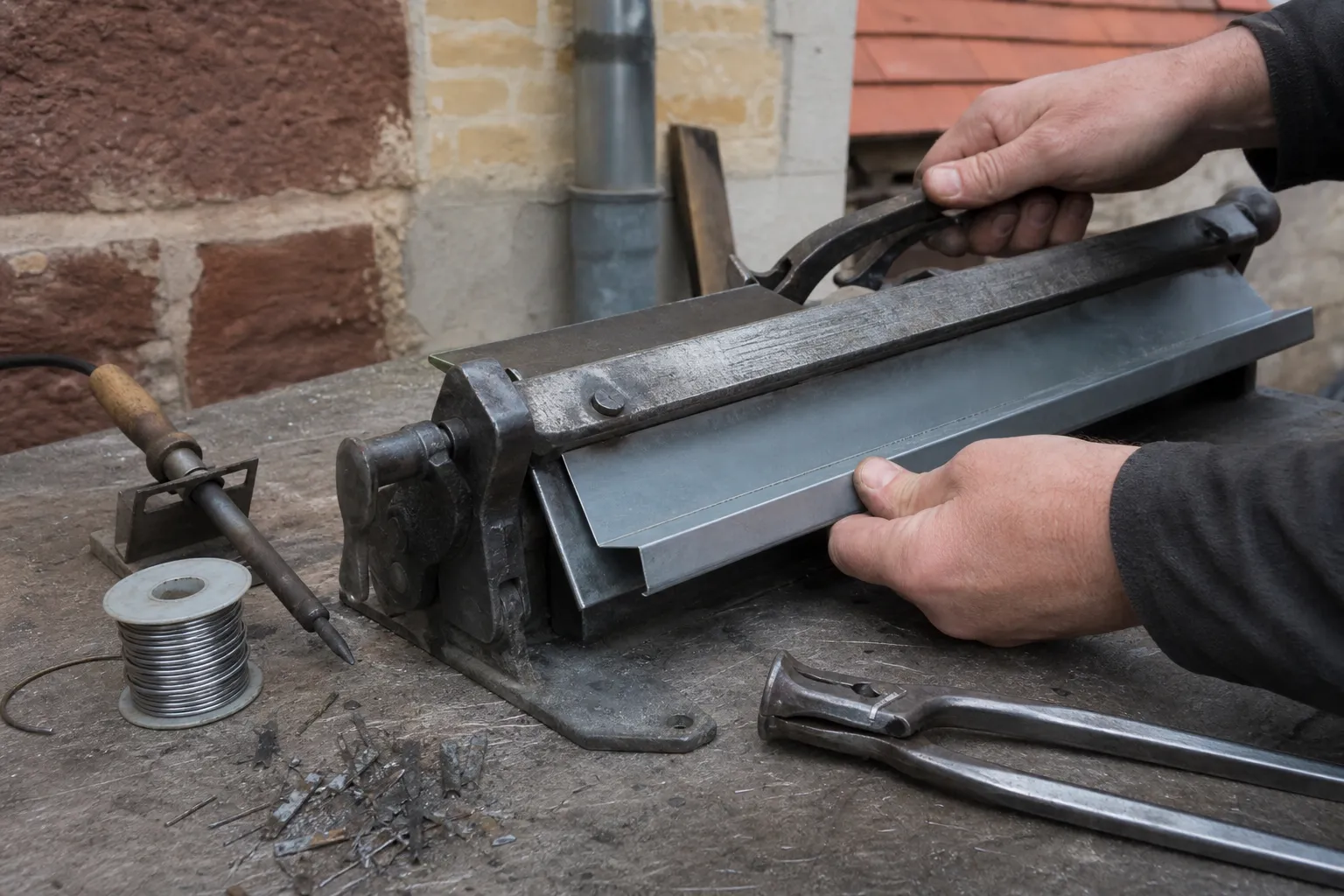 Gouttière de zinc en cours de façonnage sur une plieuse à main, pince à sertir et fer à souder posés sur l’établi